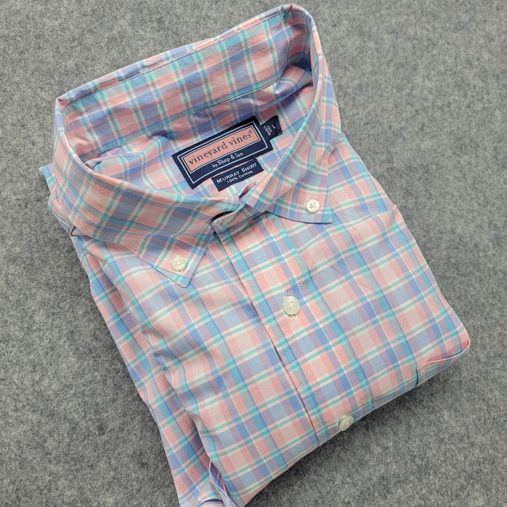 Vineyard Vines Murray Shirt Mens Large Pink Blue Check Button Down Long Sleeve - Picture 9 of 15